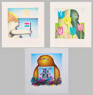 Jörg Remé - Drie zeefdrukken (Figuur met vlag, tulpen, molen) | GRATIS VERZENDING kaufen? Bieten Sie von 45!