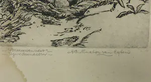 Gerard Princee - Twee ontwerptekeningen (pen, gouache) + Toon Ninaber van Eyben, Ets, meeuwennest kopen? Bied vanaf 40!