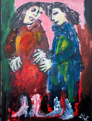 Martin van Wordragen - acryl op doek: dames in bont verkocht voor € 299!