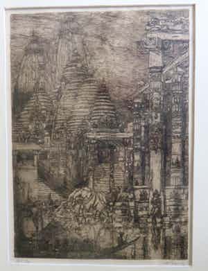 Marius Bauer - Gezicht op de Ganges met figuren,olifanten op de voorgrond en tempels . verkocht voor € 45!