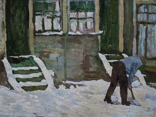Niet of onleesbaar gesigneerd - oud olieverf "Amsterdam de Jordaan - man ruimt sneeuw" ongesigneerd kopen? Bied vanaf 1!