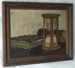 Jo Lodeizen - Olieverf op paneel, Stilleven met boeken en zandloper – 1931 kopen? Bied vanaf 1!