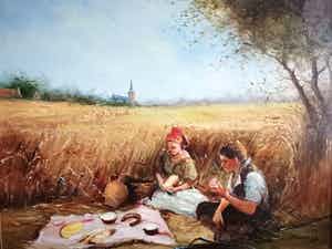 Niet of onleesbaar gesigneerd - Picknick in een korenveld verkocht voor € 1!