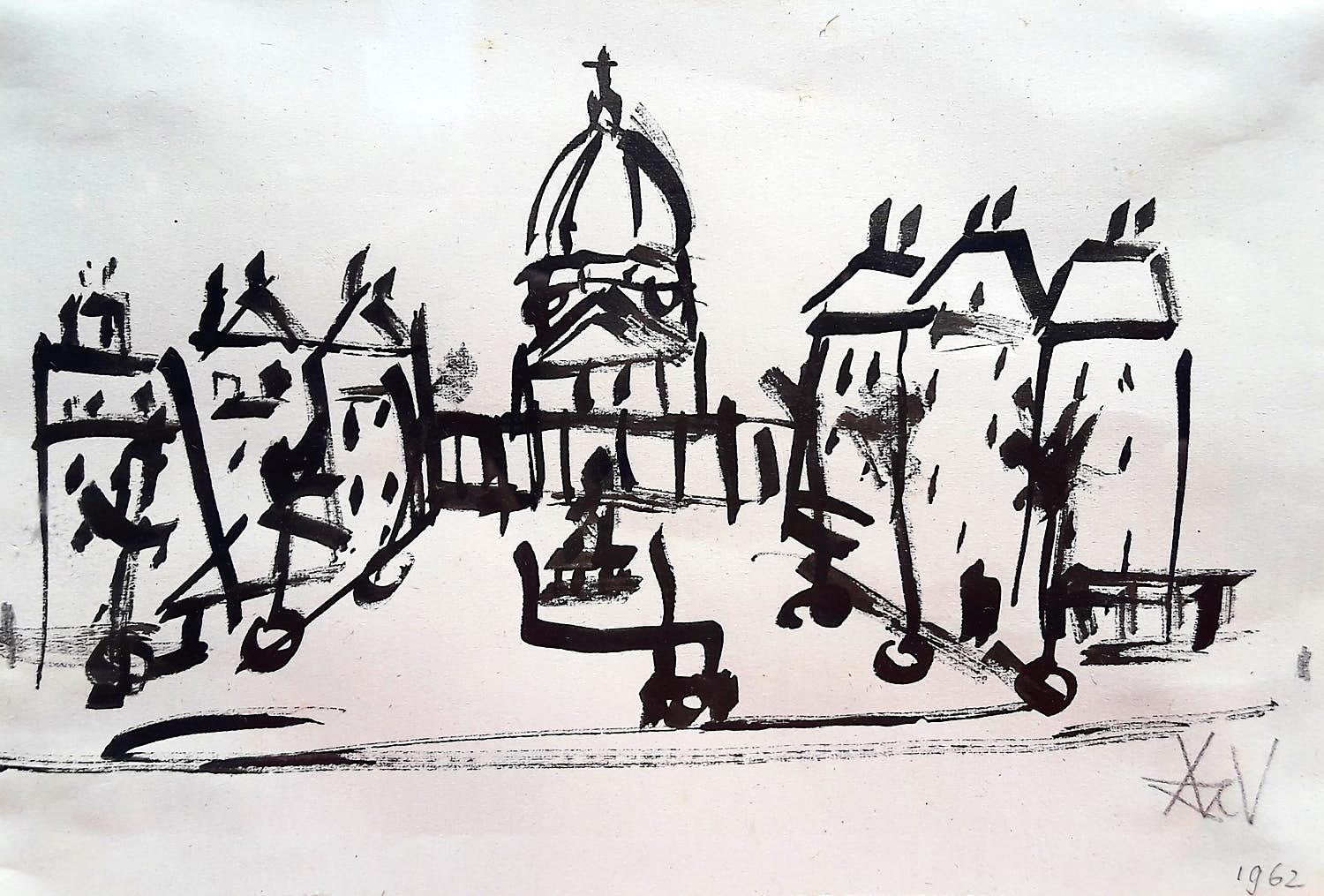 Andre van der Vossen - Stadsgezicht, tekening (netjes ingelijst) kopen? Bied vanaf 1!