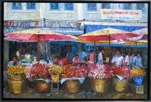 Niet of onleesbaar gesigneerd - Acryl op doek, Bloemenmarkt - Ingelijst kopen? Bied vanaf 1!