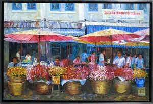 Niet of onleesbaar gesigneerd - Acryl op doek, Bloemenmarkt - Ingelijst verkocht voor € 1!