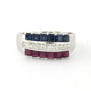 Buy 18k gouden ring met saffier, robijn en single cut geslepen diamant tot. 0.15ct? Bid from 660!