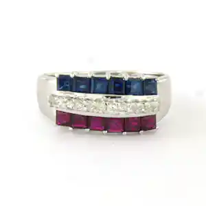 18k gouden ring met saffier, robijn en single cut geslepen diamant tot. 0.15ct kopen? Bied vanaf 660!