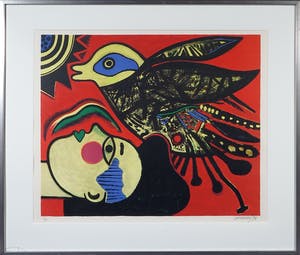 Corneille - Zeefdruk, Femme à l'oiseau - Ingelijst kopen? Bied vanaf 200!