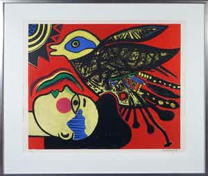 Corneille - Zeefdruk, Femme à l'oiseau - Ingelijst verkocht voor € 200!