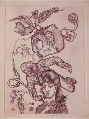 Ab Steenvoorden - Vrouw met vreemde ruimtewezens - Ets kopen? Bied vanaf 1!