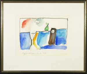 Anton Martineau - Aquarel en houtskool op papier, Tafel met glas peer en klok - Ingelijst verkocht voor € 50!