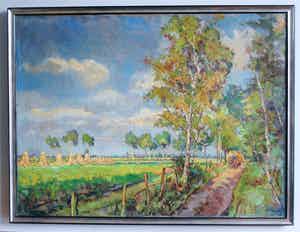 Andries Olthoff - zonnig boerenland - 1944 - groot olieverfschilderij verkocht voor € 125!