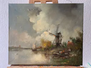 Niet of onleesbaar gesigneerd - Een typisch Hollands polderlandschap met een houten molen kopen? Bied vanaf 1!