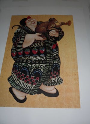 Ada Breedveld - Zeefdruk. z.t. (Dame in kimono met aap) kopen? Bied vanaf 30!