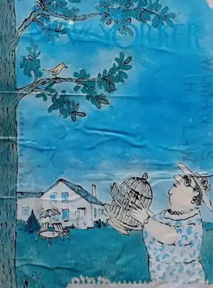 Viktor IV - Ingelijste gemengde techniek met collage: Vrouw met vogelkooi - 1991 kopen? Bied vanaf 199!