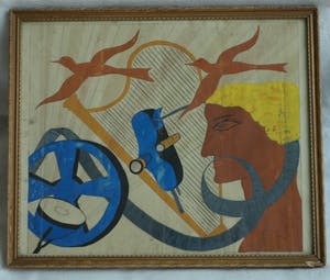Niet of onleesbaar gesigneerd - Ingelijste gouache , Man, harp, film en 2 vogels – ingelijst - oud kopen? Bied vanaf 1!