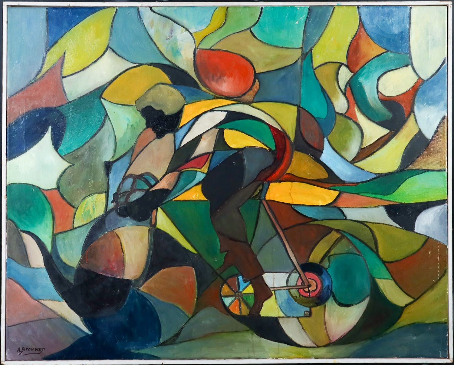 A. Brouwer - Olieverf op doek, Wielrijder - Ingelijst verkocht voor € 1!