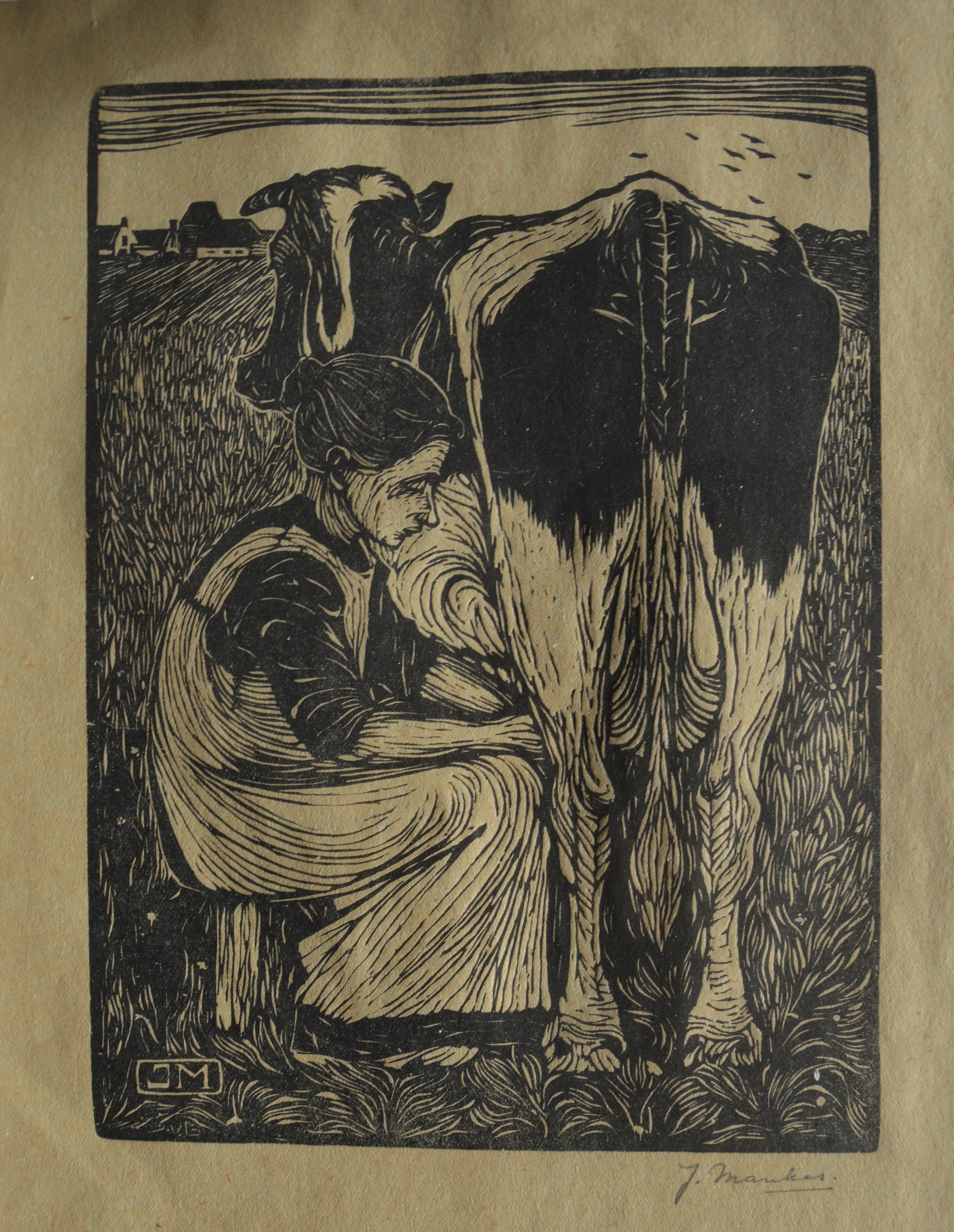 Jan Mankes - Koemelkster - Houtsnede - 1914 - ingelijst kopen? Bied vanaf 399!