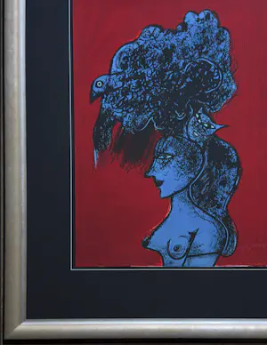 Corneille - "Femme, chat et oiseau" - Groot - Imposant ingelijst (nieuw). kopen? Bied vanaf 670!