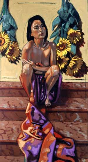 Nico Vrielink - Kleurenzeefdruk VROUW met ZONNEBLOEMEN Handgesigneerd. verkocht voor € 225!