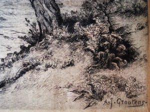 Adrianus Johannes Grootens - Knappe circa 1930 droge naald Ets "Kar en Paard in Duinlandschap" gesigneerd kopen? Bied vanaf 1!