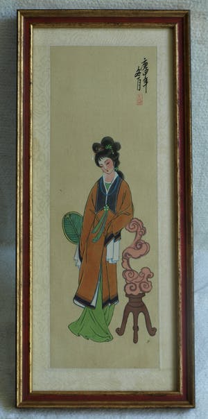 Niet of onleesbaar gesigneerd - Ingelijste gouache op zijde, Japan? China? , Vrouw kopen? Bied vanaf 1!