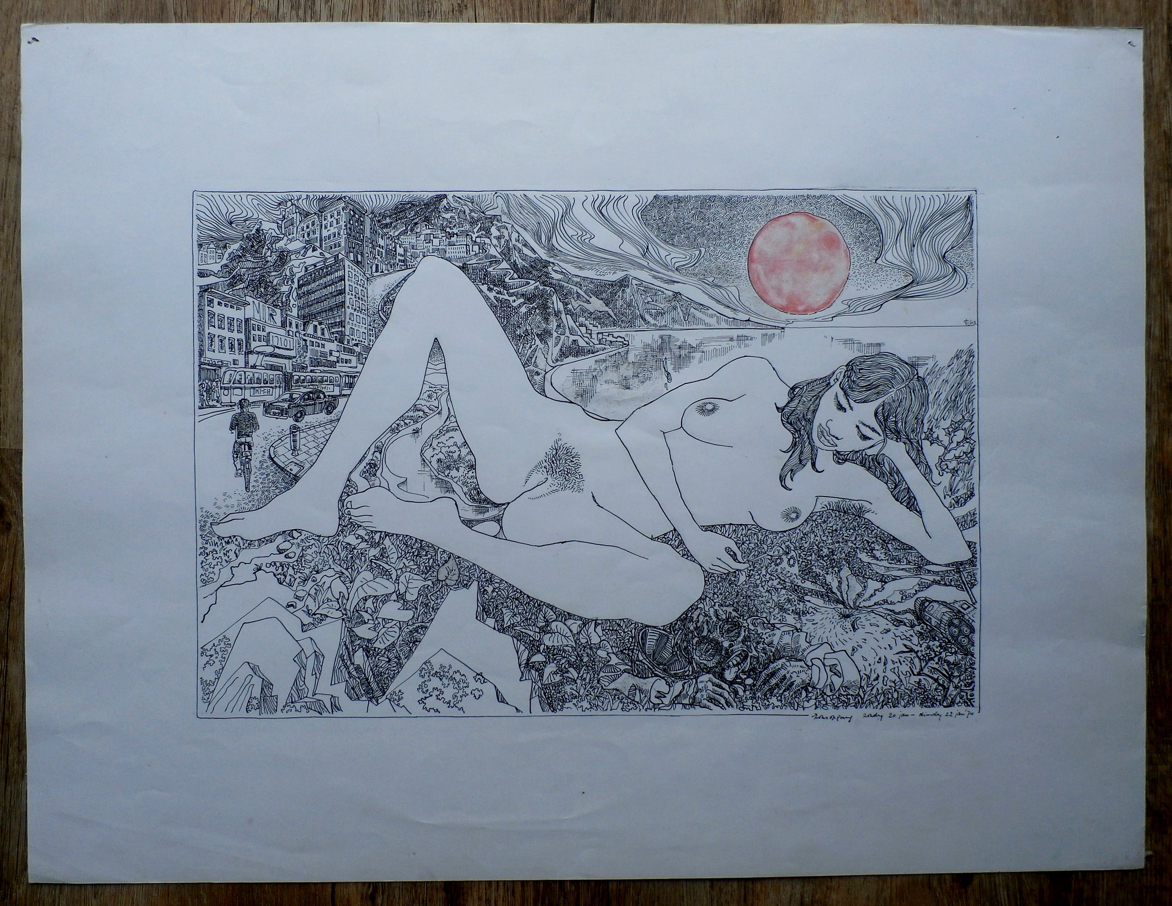 Frits Lindeman - Pen Tekening: Zonsopgang - 1974 kopen? Bied vanaf 75!