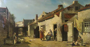 Ferdinand Carl Sierich - Olieverf op doek, Dorpsgezicht met figuren - Ingelijst (Groot) kopen? Bied vanaf 1!