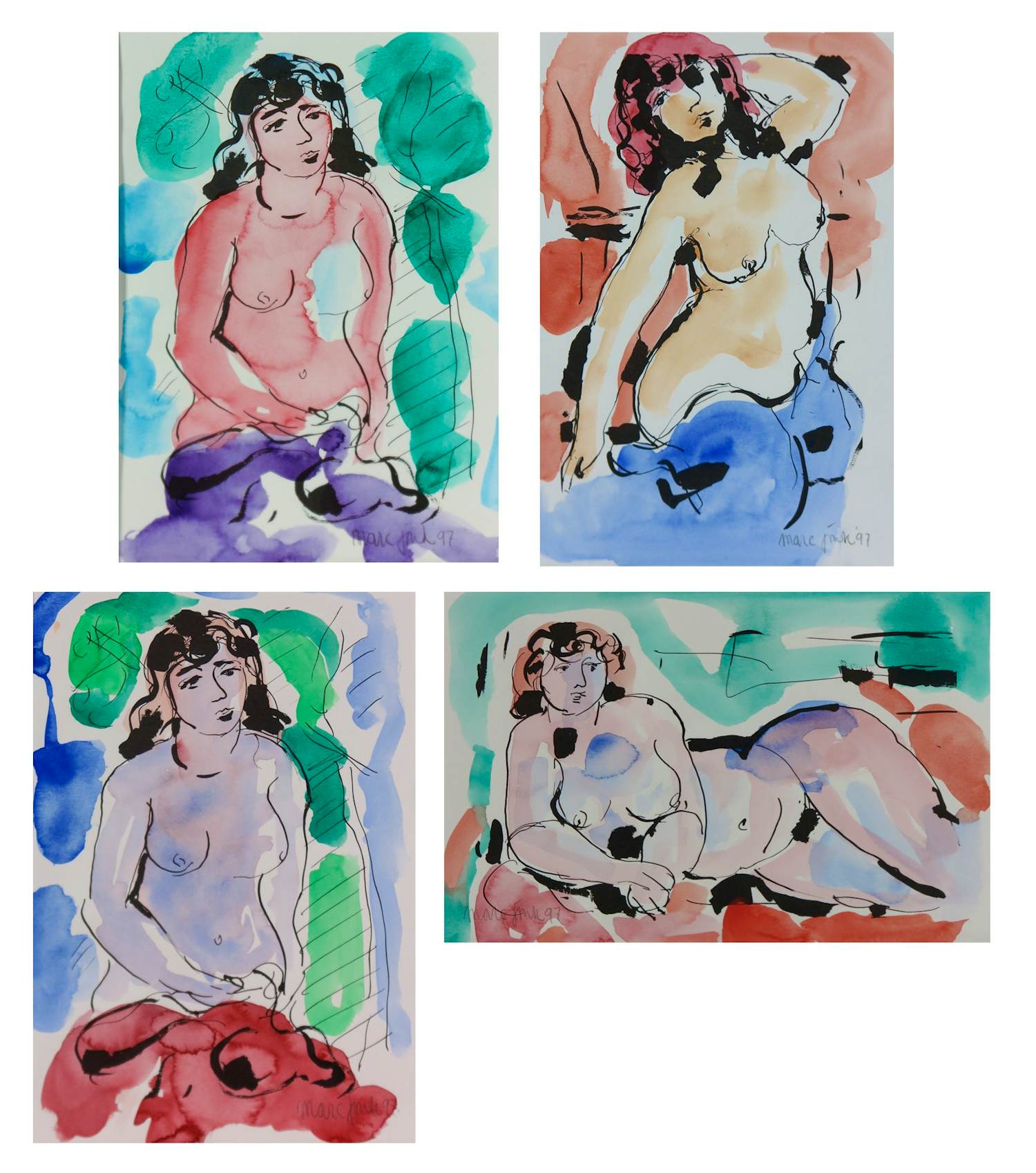 Marc Jonk - Set van vier mooie aquarellen - Vrouwelijk naakt kopen? Bied vanaf 120!