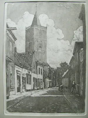 Karel Kok - Kerkstraat Noordwijk Binnen 1900 - ets uit 1974 kopen? Bied vanaf 30!