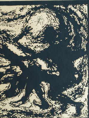 Niet of onleesbaar gesigneerd - Houtsnede , “3 Broers dansend en spelend in de zon” – 1966 kopen? Bied vanaf 1!