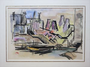 Lili Pieter van Leer - Gemengde techniek (aquarel en inkt) - "Stadsgezicht/haven" kopen? Bied vanaf 50!