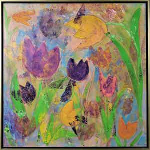 Lia van Leeuwen - Olieverf op paneel, ZT Tulpen - Ingelijst verkocht voor € 80!