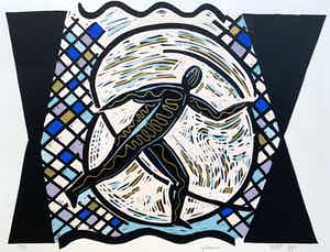 Hans Wap - kleurenlinosnede - 'Goldrush' - 1990 verkocht voor € 55!