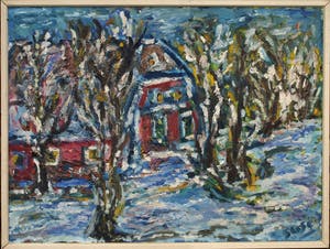 Niet of onleesbaar gesigneerd - Ingelijst olieverf op doek, ‘Winters landschap’ – 63 x 83 cm kopen? Bied vanaf 1!
