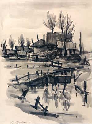 Wil van Dinther - Boerderijen bij Muiderberg - penseeltekening 1974 verkocht voor € 75!