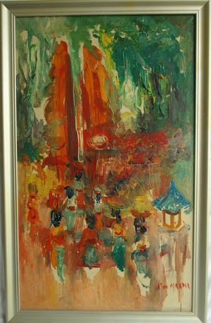 Hasan Djaafar - Olieverf op doek , “Vrouwen in het dorp” – ingelijst – Groot kopen? Bied vanaf 175!