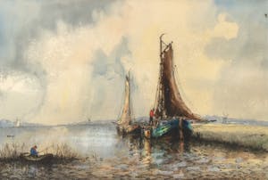 Willem Bos - Poldergezicht met boten - aquarel, houtskool en krijt kopen? Bied vanaf 1!