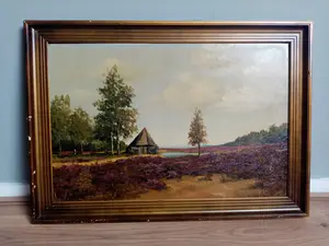 Niet of onleesbaar gesigneerd - Mooi olieverf schilderij van een landschap met een hutje op de hei kopen? Bied vanaf 1!