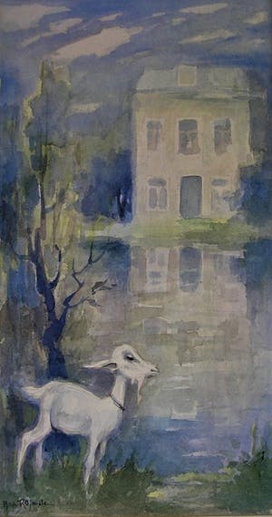 Harrie van Rosmalen - Aquarel - Geitje bij wit huis in landschap aan plas kopen? Bied vanaf 40!