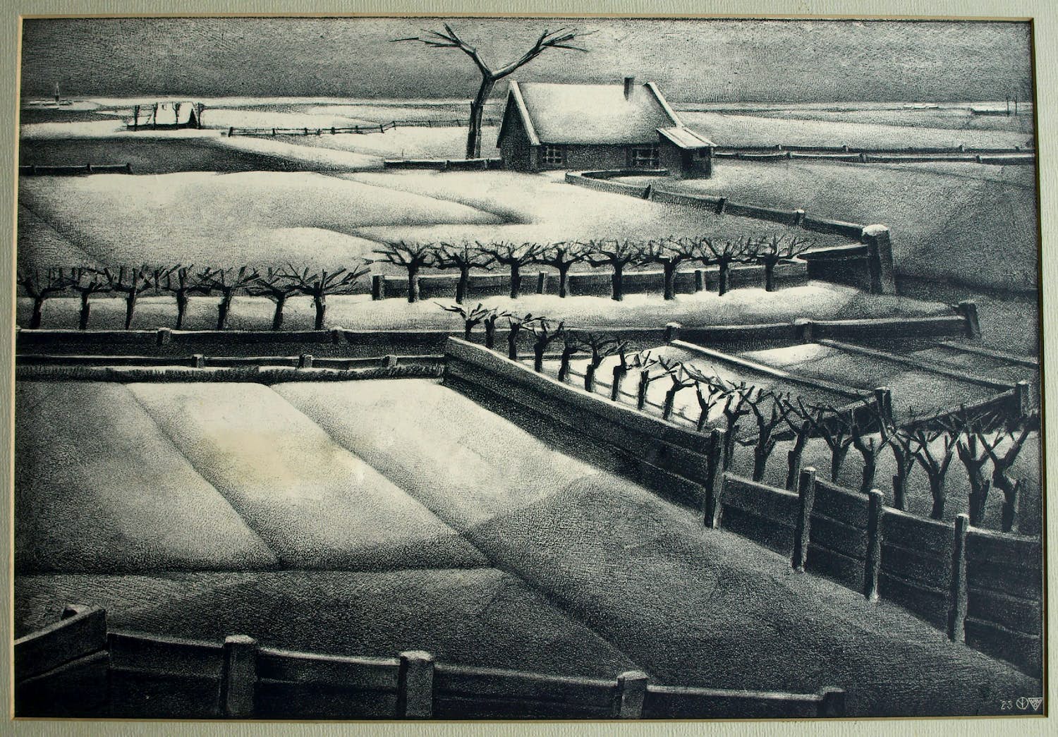 Aart van Dobbenburgh - Litho, “Sneeuwlandschap” – Kunst-Schoolplaat uit jaren ‘60 – V.AE.V.O. verkocht voor € 1!