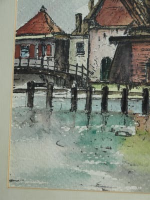 Niet of onleesbaar gesigneerd - Gesigneerd “Belleke ?” , Aquarel - “Molen aan de haven” – ingelijst kopen? Bied vanaf 10!