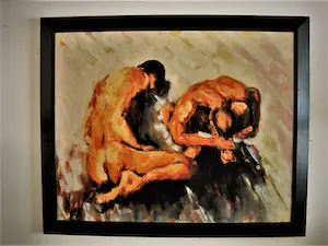 Niet of onleesbaar gesigneerd - GROOT Olieverf op doek "naakte mannen op strand" - fraai ingelijst kopen? Bied vanaf 1!