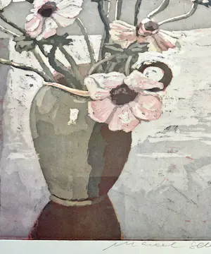 Marcel Schellekens - Kleur ets Roze anemonen in vaas, gesigneerd en ingelijst kopen? Bied vanaf 95!
