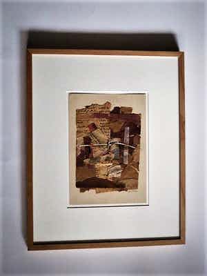 Niet of onleesbaar gesigneerd - Uit KLM collectie - Intrigerende Collage - bamboe/inkt/zilververf - gesigneerd verkocht voor € 1!