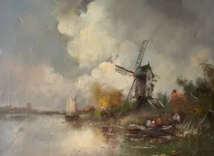 Niet of onleesbaar gesigneerd - Een typisch Hollands polderlandschap met een houten molen kopen? Bied vanaf 1!