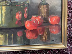 Adri Pieck - "het koperen pannetje": stilleven met tomaten en sneeuwklokjes kopen? Bied vanaf 195!