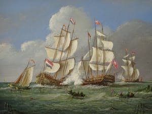 Buy Thomas Heesakkers - Mooi maritiem schilderij schepen in oorlog op paneel.? Bid from 250!