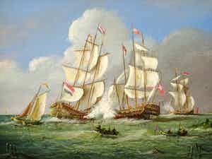 Thomas Heesakkers - Mooi maritiem schilderij schepen in oorlog op paneel. verkocht voor € 250!